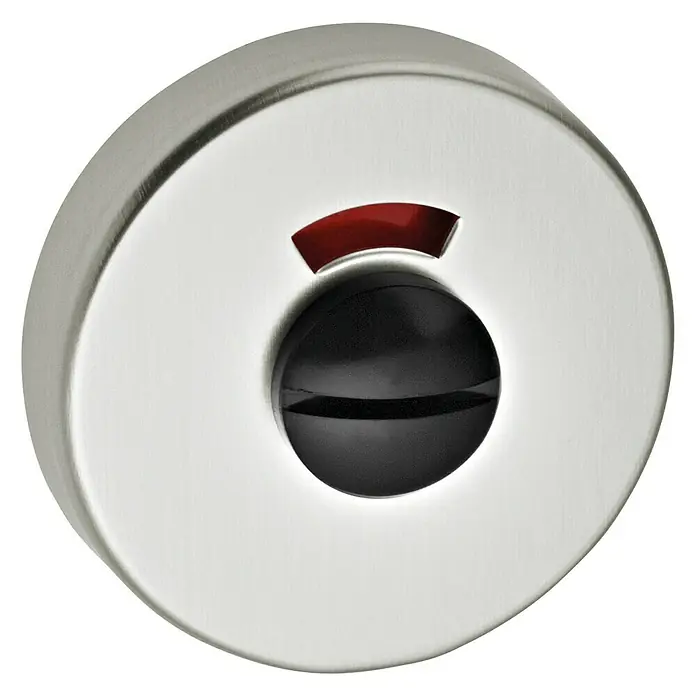Portaferm Schlüsselschild WC F2 - Durchmesser Rosette: 55 mm, Neusilber - Ein Toiletten-Türschloss mit einer schwarzen Drehknopf und einem roten "Besetzt"-Indikator für mehr Privatsphäre.