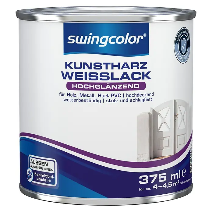 swingcolor Weißlack Kunstharz - Weiß, Hochglänzend, 375 ml, Lösemittelbasiert - Farbdose Swingcolor Kunstharz Weisslack hochglänzend, 375 ml, für Holz, Metall, Hart-PVC. Wetterbeständig und schlagfest für Innen- und Außenbereich.