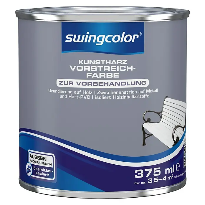 swingcolor Vorstreichfarbe Kunstharz - Weiß, 375 ml - Dose Kunstharz Vorstreichfarbe von Swingcolor, geeignet für Holz, Metall und Hart-PVC, 375 ml für 3,5-4 m², lösemittelbasiert, für innen und außen.