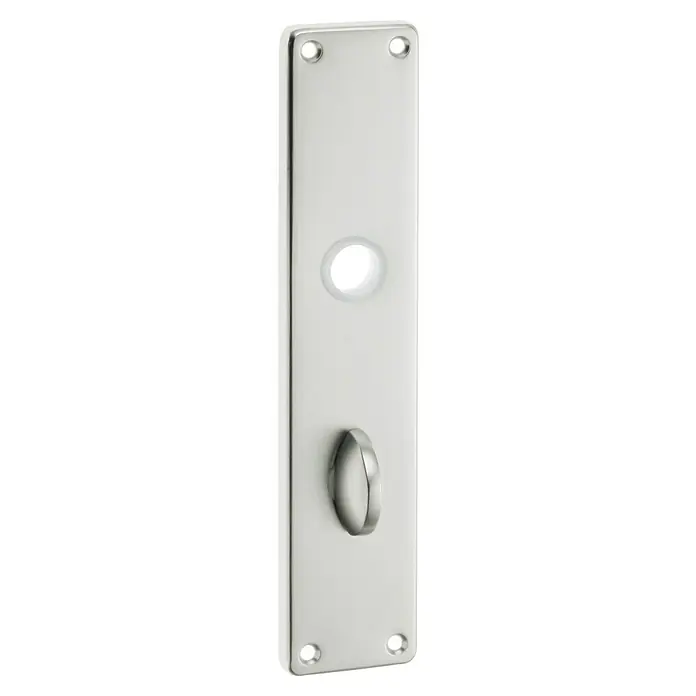 Portaferm Langschild ZT - Distanznorm: 78 mm, Schlitzkopf/Olive, Silber - Nahaufnahme einer Langschild-Garnitur aus gebürstetem Nickel. Sie verfügt über ein Schlüsselloch und einen Drehknopf für eine sichere Türverriegelung.