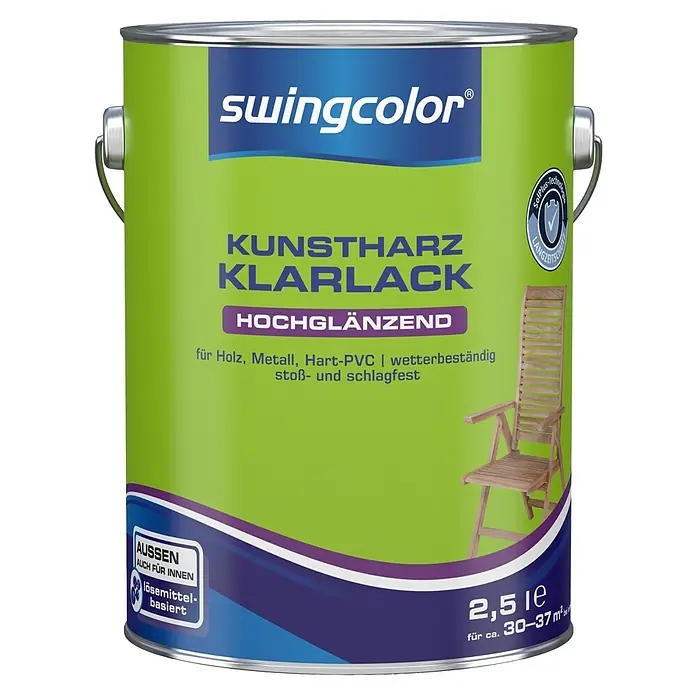 swingcolor Klarlack Kunstharz für Außen - Farblos, Hochglänzend, 2,5 l, Lösemittelbasiert - Dose Kunstharz Klarlack von Swingcolor für Holz, Metall und Hart-PVC, hochglänzend, lösemittelbasiert und für Außen- und Innenbereich geeignet.