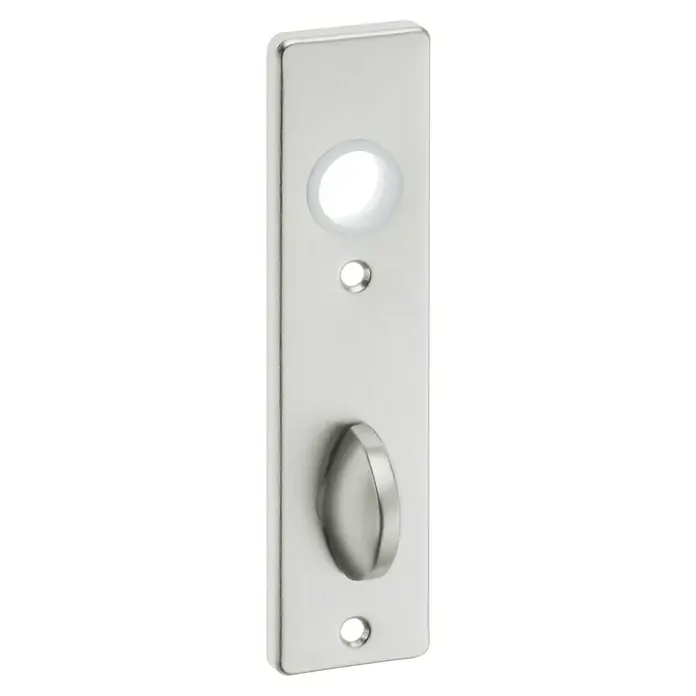Portaferm Kurzschild WC - Distanznorm: 78 mm, Neusilber - Nahaufnahme einer eleganten Türbeschlagplatte aus Edelstahl mit Schlüsselloch, Knauf und Befestigungsbohrungen.‎