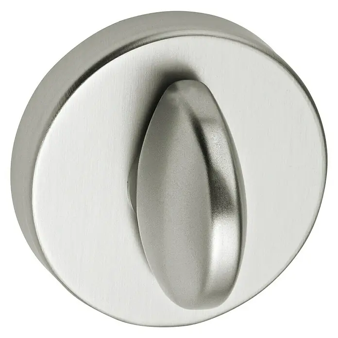 Portaferm Schlüsselschild WC F2 - Durchmesser Rosette: 55 mm, Neusilber - Nahaufnahme eines modernen, runden Türknaufs aus gebürstetem Metall auf schwarzem Hintergrund.
