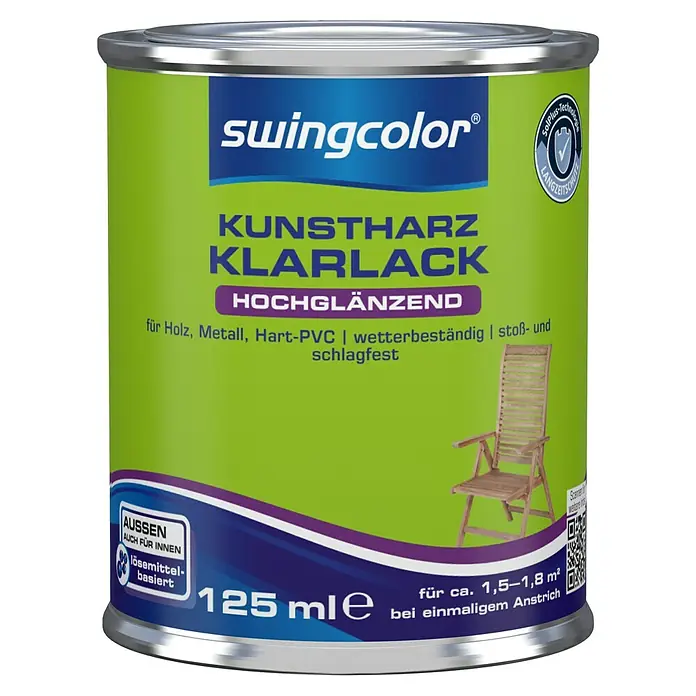 swingcolor Klarlack Kunstharz für Außen - Farblos, Hochglänzend, 125 ml, Lösemittelbasiert - Dose Swingcolor Kunstharz Klarlack, hochglänzend, für Holz, Metall, Hart-PVC, wetterbeständig und schlagfest, 125 ml.