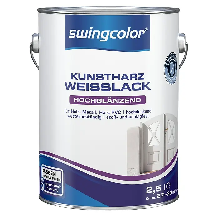 swingcolor Weißlack Kunstharz - Weiß, Hochglänzend, 2,5 l, Lösemittelbasiert - Weißer Kunstharzlack von Swingcolor, hochglänzend, für Holz, Metall und Hart-PVC, lösemittelbasiert und für Innen- und Außenbereich geeignet.