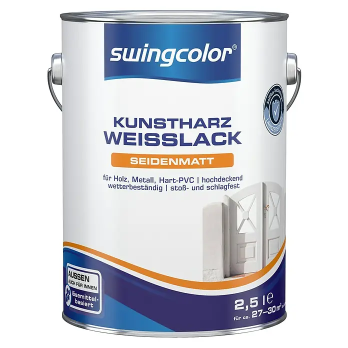 swingcolor Weißlack Kunstharz - Weiß, Seidenmatt, 2,5 l, Lösemittelbasiert - Dose Kunstharz Weisslack Seidenmatt von Swingcolor, geeignet für Holz, Metall und Hart-PVC, wetterbeständig und stoßfest, mit 2,5 l Inhalt.
