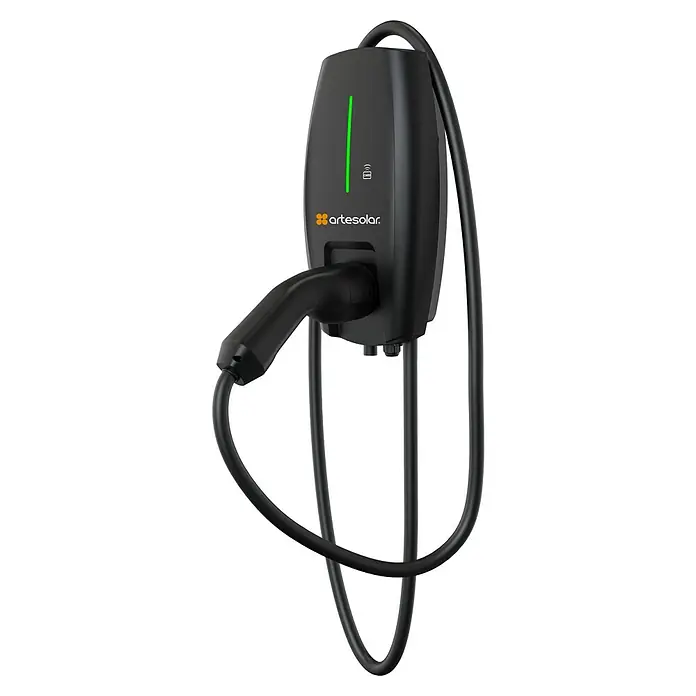 Artesolar Estación de carga coche eléctrico ARTC - 32 A - Estación de carga para vehículos eléctricos Artesolar negra con tira LED verde y cable de carga. Ideal para una carga rápida y segura.