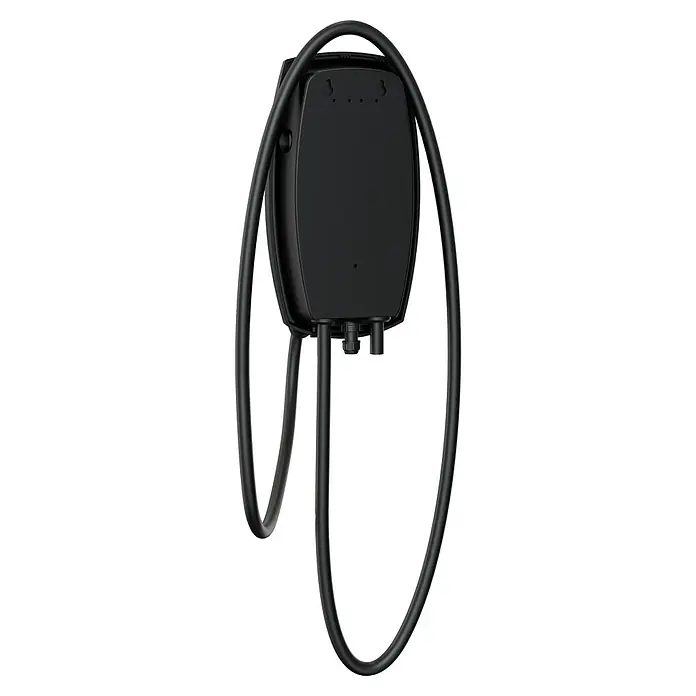 Artesolar Estación de carga coche eléctrico ARTC - 32 A - Primer plano de una wallbox negra con gestión de cable, ideal para cargar vehículos eléctricos. Práctico y ahorra espacio.