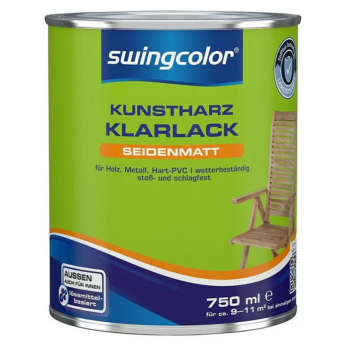 swingcolor Klarlack Kunstharz für Außen - Farblos, Seidenmatt, 750 ml, Lösemittelbasiert - Dose Kunstharz Klarlack seidenmatt von Swingcolor für Holz, Metall und Hart-PVC, wetterbeständig und stoßfest.