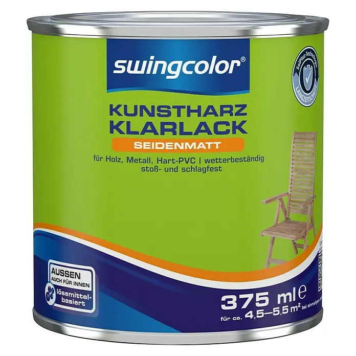 swingcolor Klarlack Kunstharz für Außen - Farblos, Seidenmatt, 375 ml, Lösemittelbasiert - Abbildung einer Dose Swingcolor Kunstharz Klarlack Seidenmatt, ideal zum Schutz von Holz, Metall und Hart-PVC Oberflächen.