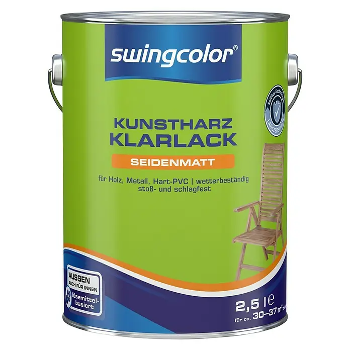 swingcolor Klarlack Kunstharz für Außen - Farblos, Seidenmatt, 2,5 l, Lösemittelbasiert - Dose Swingcolor Kunstharz Klarlack seidenmatt, geeignet für Holz, Metall, Hart-PVC, wetterbeständig, stoß- und schlagfest.