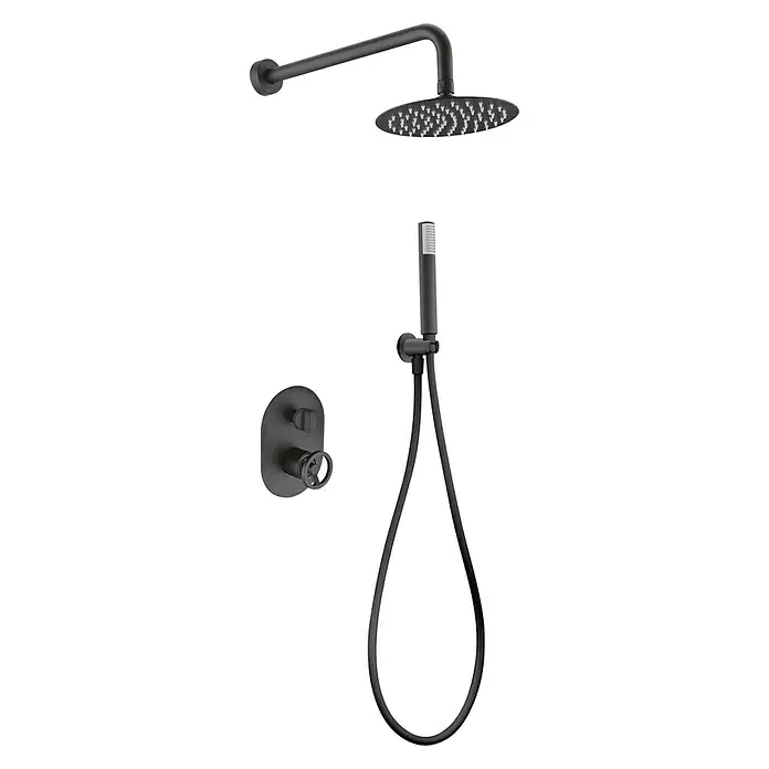 Imex Olimpo Sistema de ducha empotrado - Con grifo monomando, Negro - Sistema de ducha negro mate con rociador superior, teleducha y termostato para un baño moderno.