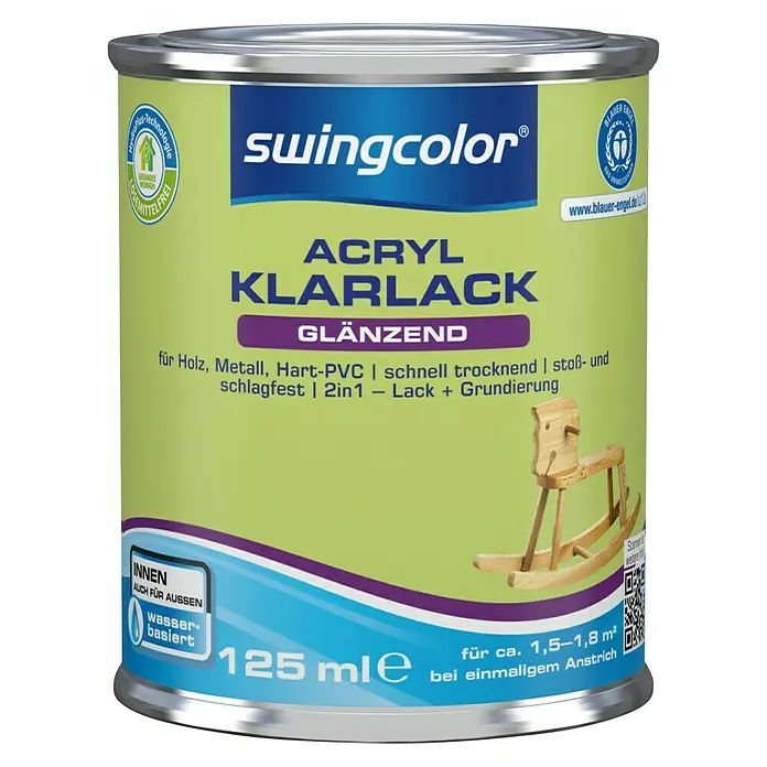 swingcolor Klarlack Acryl - Farblos, Glänzend, 125 ml, Wasserbasiert - Dose Swingcolor Acryl Klarlack glänzend, geeignet für Holz, Metall und Hart-PVC. Wasserbasiert und ideal für Innen- und Außenbereiche.