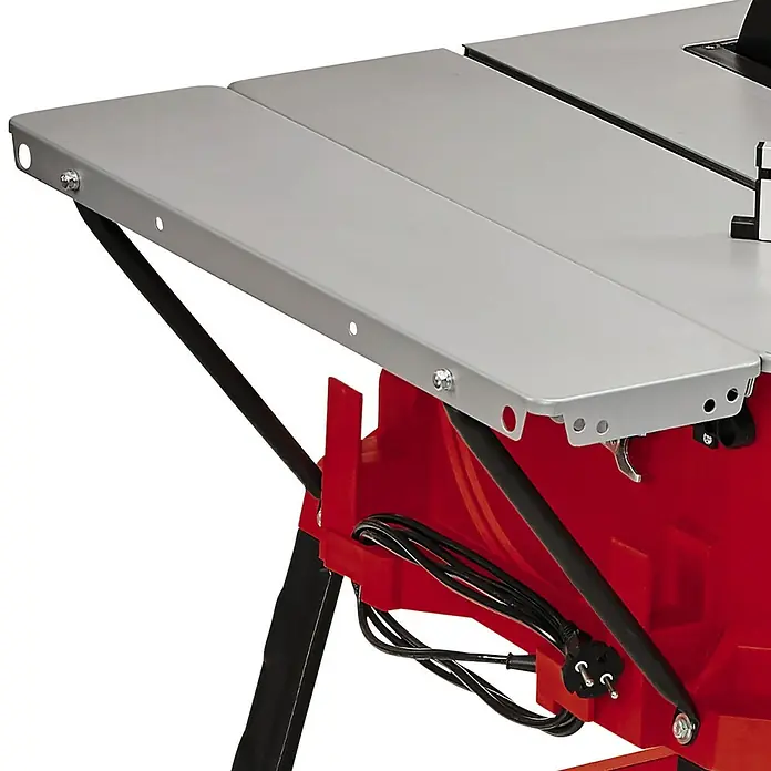 Einhell Sierra circular de mesa TC-TS 254 U - 1.800 W, Diámetro hoja de sierra: 254 mm, Profundidad de corte a 90 °: 80 mm - Primer plano de una sierra de mesa con extensión de mesa gris y soporte rojo, con el cable de alimentación visible.