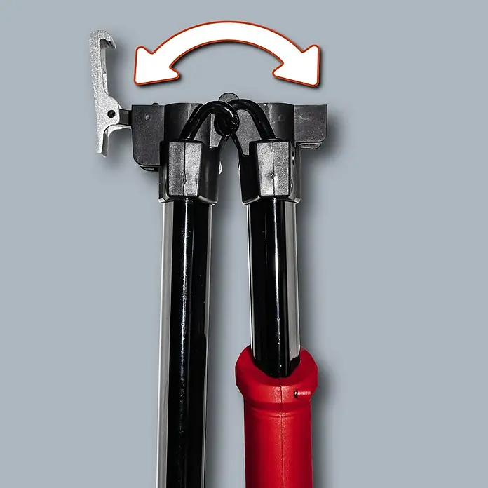Einhell Wand- & Deckenschleifer TC-DW 225 - 600 W, Durchmesser Schleifscheibe: 225 mm - Detailaufnahme einer Einhell Werkzeugaufhängung mit einer Schwenkfunktion, die durch einen roten Pfeilbogen dargestellt wird.