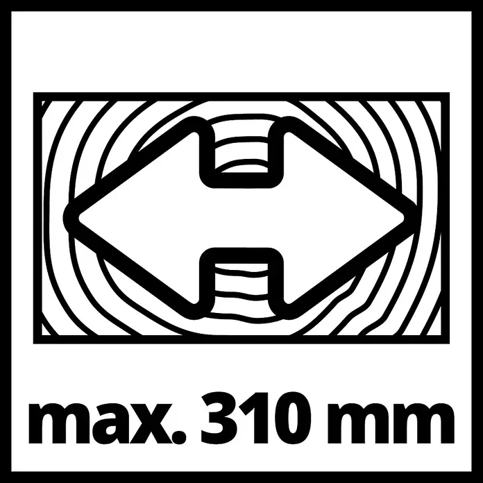 Einhell Sierra ingletadora TC-SM 2131/2 Dual - 1.800 W, Diámetro hoja de sierra: 210 mm, Número de revoluciones de marcha en vacío: 4.900 r.p.m. - Ilustración de un partidor de madera con indicación de diámetro máximo de hendidura de 310 mm para carpintería.