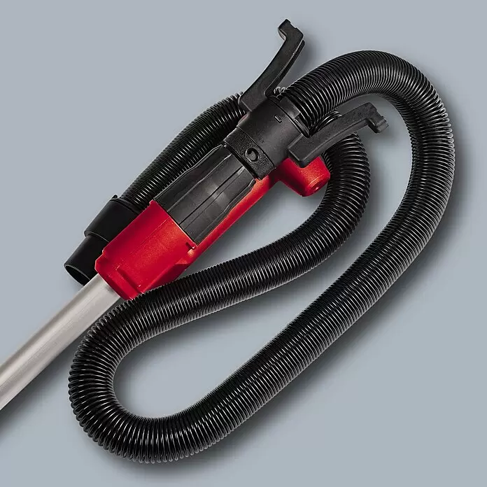 Einhell Wand- & Deckenschleifer TC-DW 225 - 600 W, Durchmesser Schleifscheibe: 225 mm - Rote und schwarze Handpumpe mit schwarzem Wellschlauch und Silberrohr.