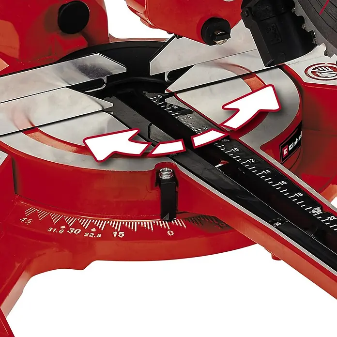 Einhell Kapp- & Gehrungssäge TC-SM 2131/1 Dual - 1.800 W, Durchmesser Sägeblatt: 210 mm, Leerlaufdrehzahl: 4.900 U/min - Nahaufnahme einer Einhell Kapp- und Gehrungssäge mit sichtbarer Winkeleinstellung, ideal für präzise Holzarbeiten.