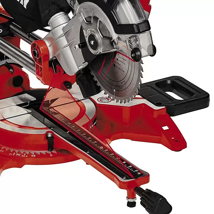 Einhell Kapp- & Gehrungssäge TC-SM 2131/1 Dual - 1.800 W, Durchmesser Sägeblatt: 210 mm, Leerlaufdrehzahl: 4.900 U/min - Rote und silberne Kappsäge mit sichtbarem Sägeblatt und Messskalen, die Laser-Führungslinien zeigt.