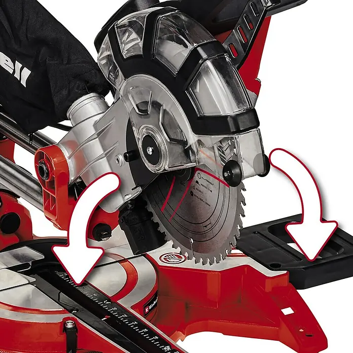 Einhell Kapp- & Gehrungssäge TC-SM 2131/1 Dual - 1.800 W, Durchmesser Sägeblatt: 210 mm, Leerlaufdrehzahl: 4.900 U/min - Nahaufnahme einer Einhell Kapp- und Gehrungssäge mit Pfeilen, die die Bewegungsrichtung des Sägeblatts anzeigen.