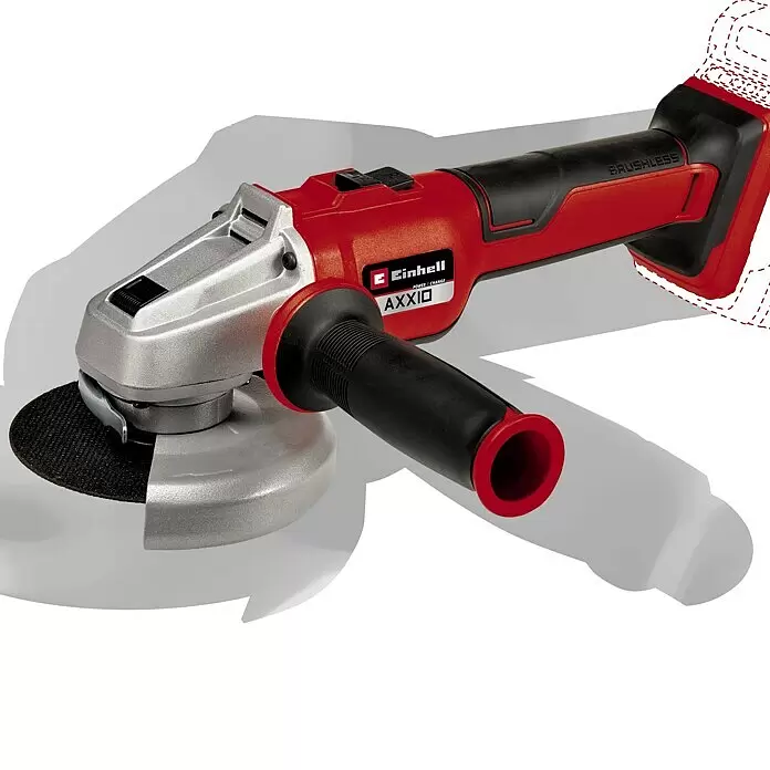 Einhell Professional PXC 18V Amoladora angular de batería Axxio 18/125 Q - Sin batería, Diámetro disco: 125 mm, 8.500 r.p.m. - Amoladora angular inalámbrica Einhell Axxio, roja y negra con cabezal plateado, disco de corte negro y empuñadura lateral. Modelo sin escobillas.