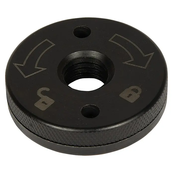 Einhell Professional PXC 18V Amoladora angular de batería Axxio 18/125 Q - Sin batería, Diámetro disco: 125 mm, 8.500 r.p.m. - Primer plano de una tuerca de herramienta negra y redonda con rosca, flechas y símbolos de bloqueo/desbloqueo.