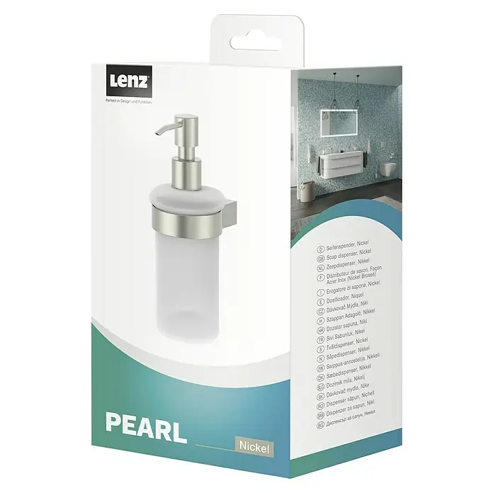 Lenz Pearl Seifenspender - Glas, Nickel - Bild eines Lenz PEARL Seifenspenders in Nickel. Elegant und funktional, perfekt für jedes Badezimmer. Hochwertiges Design für stilvolle Hygiene.
