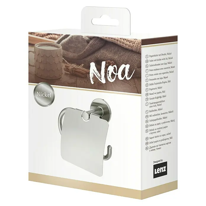 Lenz Toilettenpapierhalter Noa - Mit Deckel, Nickel, Matt - Abgebildet ist ein Noa Toilettenpapierhalter mit Deckel in Nickel, eine stilvolle Ergänzung für jedes Badezimmer.