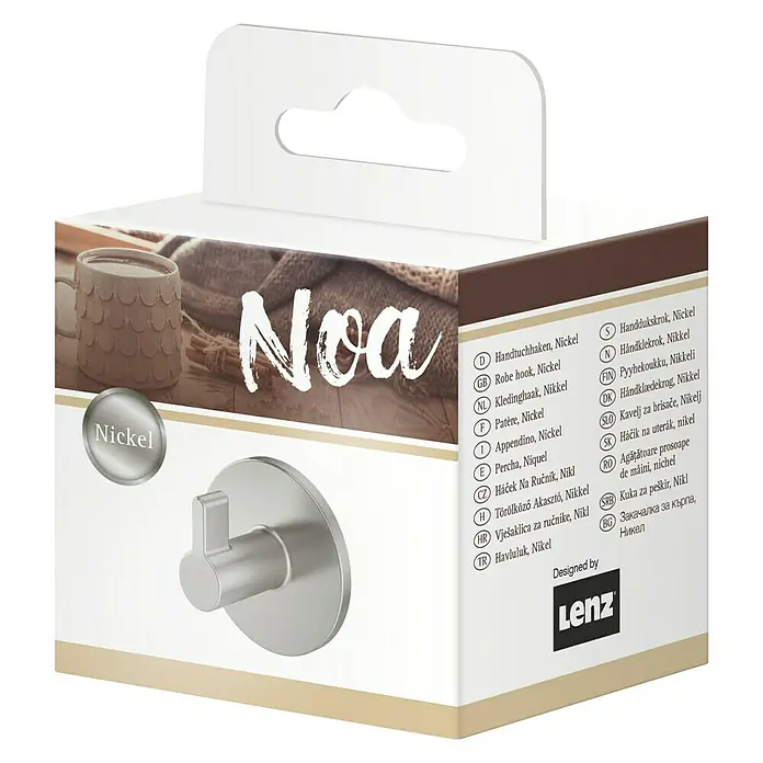 Lenz Handtuchhaken Noa - 1 Stk., Nickel, Matt - Abbildung eines Noa Handtuchhakens aus Nickel, verpackt in einer stilvollen Box.