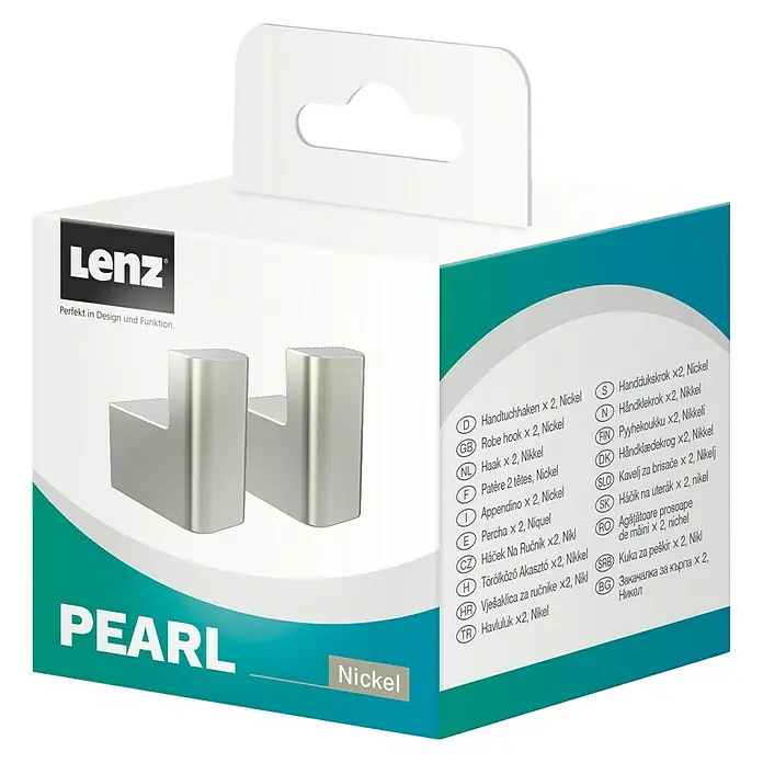 Lenz Pearl Handtuchhaken - Nickel, Matt - Bild einer Lenz-Verpackung von zwei Pearl Nickel Kleiderhaken mit verschiedenen sprachlichen Produktbeschreibungen.