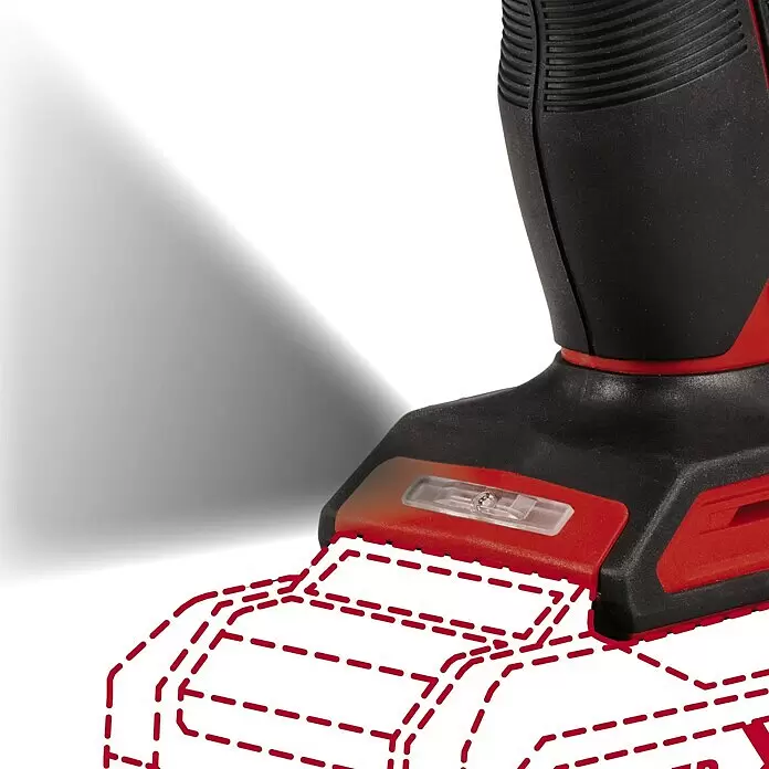 Einhell PXC 18V Taladro atornillador de batería TE-CD 18/40 Li BL - 18 V, Sin batería, 40 Nm - Base de herramienta eléctrica roja y negra con luz LED integrada que ilumina el área de trabajo, marcada por líneas rojas discontinuas.