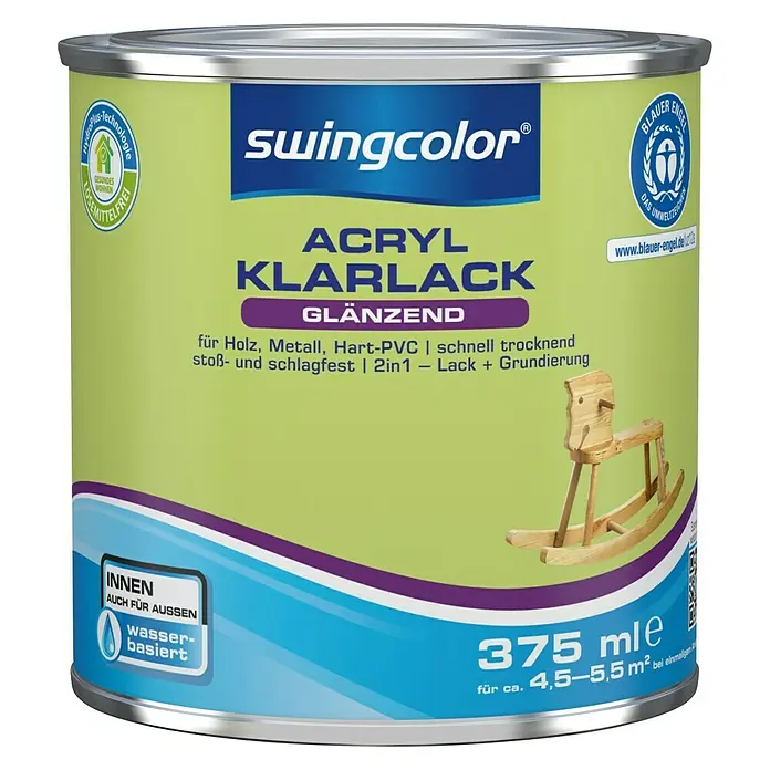 swingcolor Klarlack Acryl - Farblos, Glänzend, 375 ml, Wasserbasiert - Dose Swingcolor Acryl Klarlack glänzend für Holz, Metall und Hart-PVC. Schnell trocknend, stoß- und schlagfest, 2in1 Lack + Grundierung.