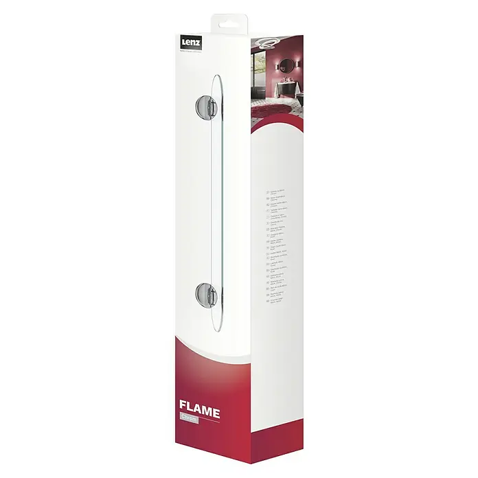 Lenz Flame Glasablage - Breite: 60 cm, Montageart: Schrauben, Verchromt - Produktverpackung der "Flame Chrom" Glasablage von Lenz, die ein stilvolles und modernes Design für Badezimmer zeigt.