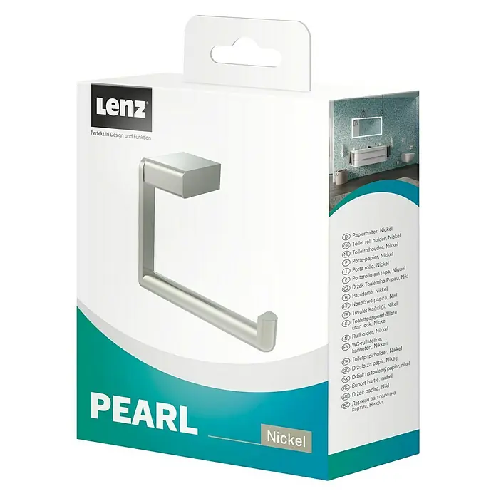 Lenz Pearl Toilettenpapierhalter - Ohne Deckel, Nickel, Matt - Produktverpackung des Lenz Pearl Toilettenpapierhalters in Nickel, perfekt für jedes Badezimmer.