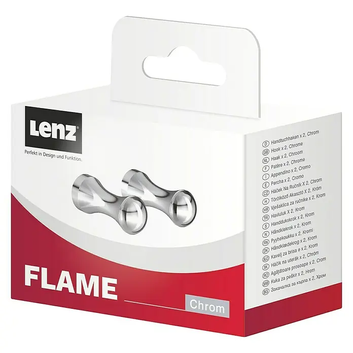 Lenz Flame Handtuchhaken - Groß, Silber - Abbildung einer Lenz-Produktverpackung für zwei Chrom-Handtuchhaken, die elegantes Design und Funktionalität vereinen.