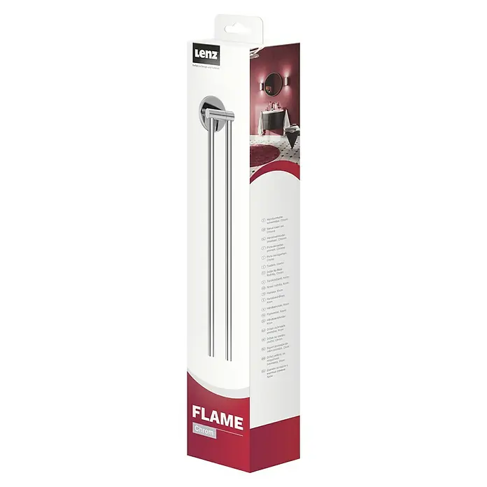 Lenz Flame Handtuchhalter - 2-armig, Silber, Breite: 60 mm - Verpackung der Lenz Flame Handtuchhalterung in Chrom mit Produktbild und Beschreibungen in verschiedenen Sprachen.