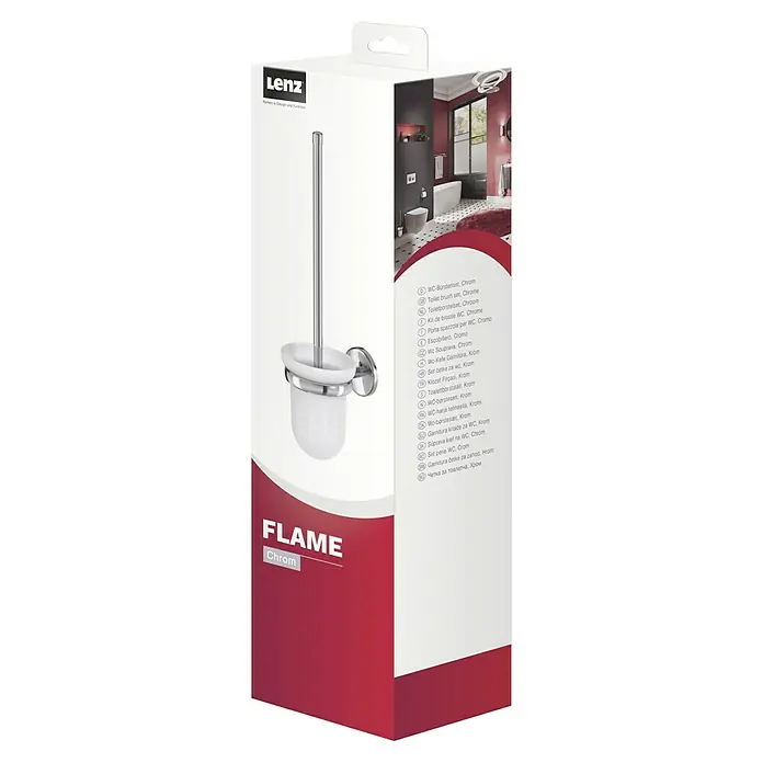 Lenz Flame WC-Bürstengarnitur - Mit Halterung, Chrom, Glänzend - Bild eines Lenz Toilettenbürsten-Sets in Chrom, verpackt in einem Karton mit Produktinformationen und einem modernen Badezimmer-Hintergrund.