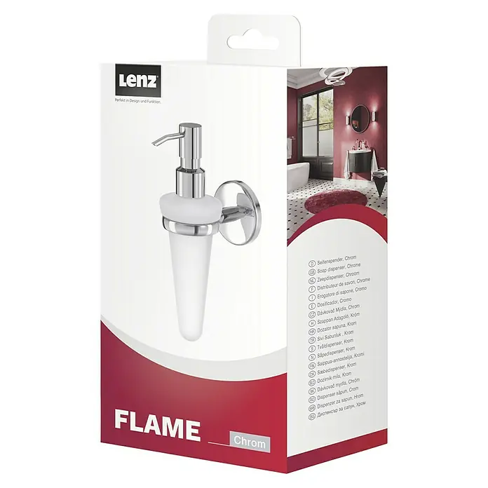 Lenz Flame Seifenspender - Mit Halterung, Chrom, Glänzend - Seifenspender "Flame" in Chrom: Elegantes Design für jedes Badezimmer, perfekte Kombination aus Ästhetik und Funktionalität.