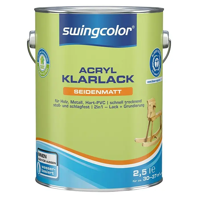 swingcolor Klarlack Acryl - Farblos, Seidenmatt, 2,5 l, Wasserbasiert - Dose Acryl Klarlack Seidenmatt von Swingcolor für Holz, Metall und Hart-PVC, schnell trocknend und stoß- und schlagfest.
