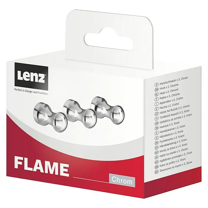 Lenz Flame Handtuchhaken - Klein, Chrom - Abbildung einer Lenz Flame-Verpackung mit drei Chrom-Handtuchhaken, die ein elegantes und funktionales Design für jedes Badezimmer versprechen.