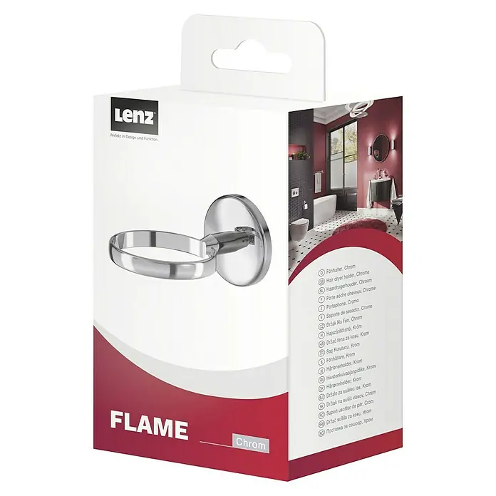 Lenz Flame Fönhalter - Silber, Glänzend - Produktbild eines "Flame" Fönhalters in Chrom von Lenz. Praktische und stilvolle Badaccessoires für Ihr Badezimmer.