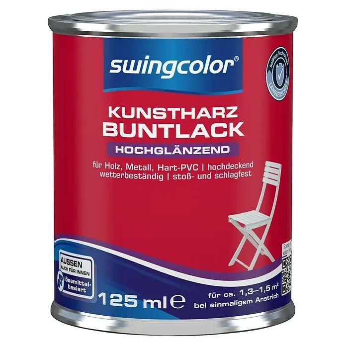 swingcolor Buntlack Kunstharz für Außen - Cremeweiß, Hochglänzend, 125 ml, Lösemittelbasiert - Dose Kunstharz Buntlack hochglänzend von Swingcolor für Holz, Metall und Hart-PVC, wetterbeständig und stoßfest. 125 ml für ca. 1,3–1,5 m².