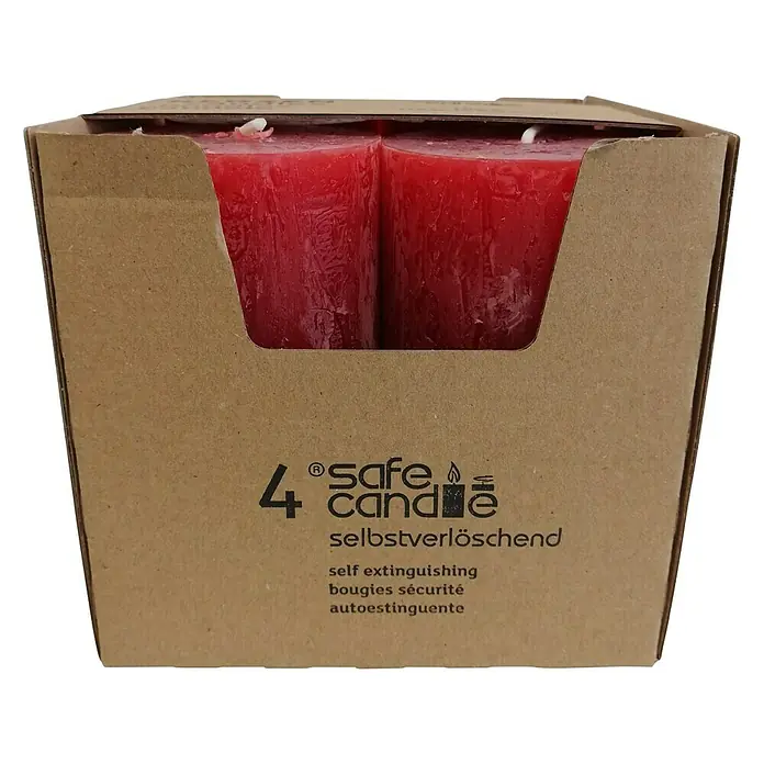 Stumpenkerzen-Set Rustic Safe Candle - 4 Stk., Ø x H: 6 x 8 cm, Rubin - Produktfoto einer Packung mit vier roten, selbstverlöschenden Safe Candles in einer braunen Kartonverpackung.