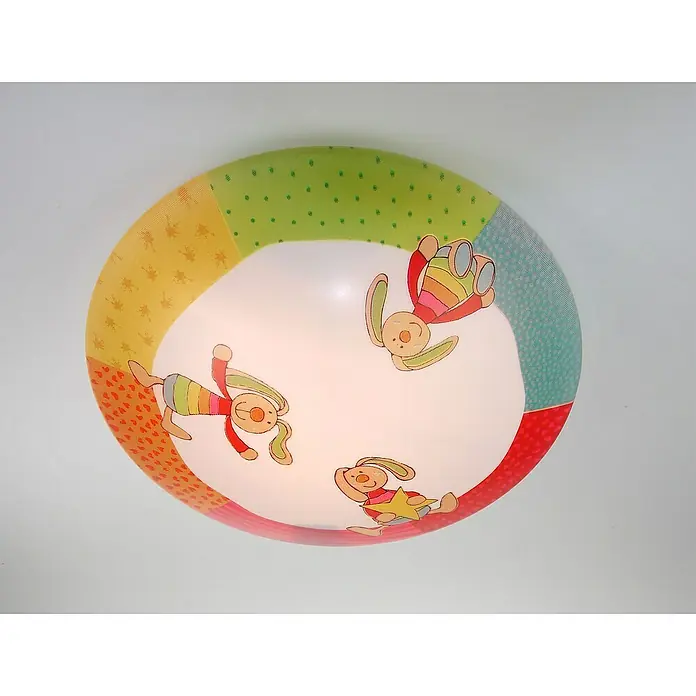 Niermann Deckenleuchte rund - 15 W, Ø x H: 35 x 9 cm, Mehrfarbig, E27 - Kinderzimmer-Deckenleuchte mit bunten Mustern und niedlichen Hasenmotiven, die eine freundliche Atmosphäre schafft. Ideal für fröhliche Kinderzimmer.