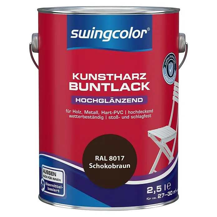 swingcolor Buntlack Kunstharz für Außen - Schokobraun, Hochglänzend, 2,5 l, Lösemittelbasiert - Abbildung einer Dose Swingcolor Kunstharz Buntlack in Schokobraun (RAL 8017), ideal für Holz, Metall und Hart-PVC.
