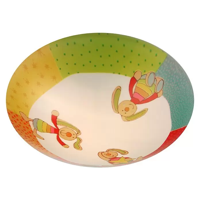Niermann Deckenleuchte rund - 15 W, Ø x H: 35 x 9 cm, Mehrfarbig, E27 - Runde Kinderlampe mit farbigen Abschnitten (grün, gelb, blau, rot) und drei verspielten Hasenillustrationen.