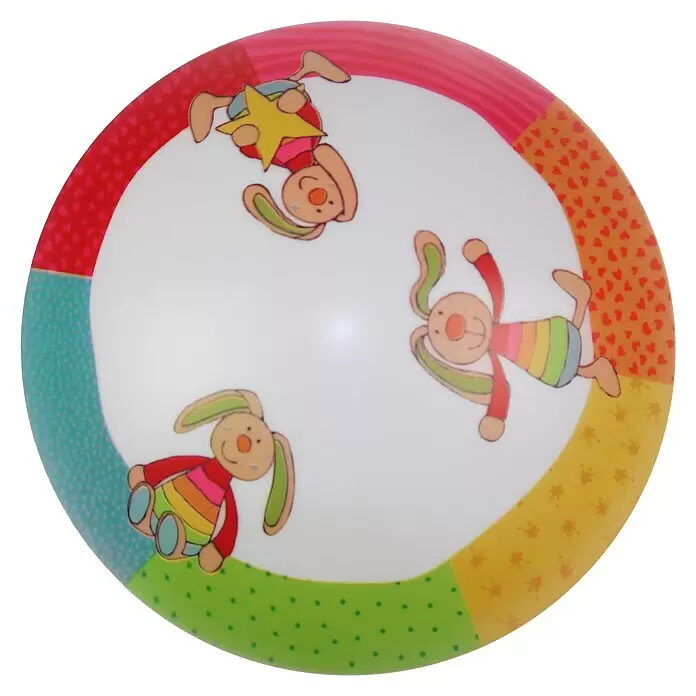 Niermann Deckenleuchte rund - 15 W, Ø x H: 35 x 9 cm, Mehrfarbig, E27 - Rundes weißes Kindergeschirr mit segmentiertem, buntem Rand (Herzen, Streifen, Punkte, Sterne) und drei Comic-Hasen, einer mit gelbem Stern.