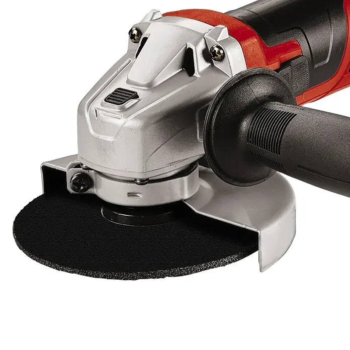 Einhell Elektro-Winkelschleifer TC-AG 125/850 - 850 W, Durchmesser Scheibe: 125 mm, Leerlaufdrehzahl: 12.000 U/min - Bild einer roten und schwarzen Flex mit einer schwarzen Trennscheibe.