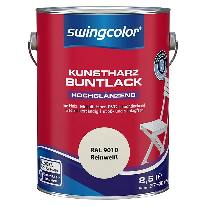 swingcolor Buntlack Kunstharz für Außen - Reinweiß, Hochglänzend, 2,5 l, Lösemittelbasiert - Dose Swingcolor Kunstharz Buntlack hochglänzend, Farbe Reinweiß RAL 9010, geeignet für Holz, Metall, Hart-PVC, wetterbeständig und lösemittelbasiert.