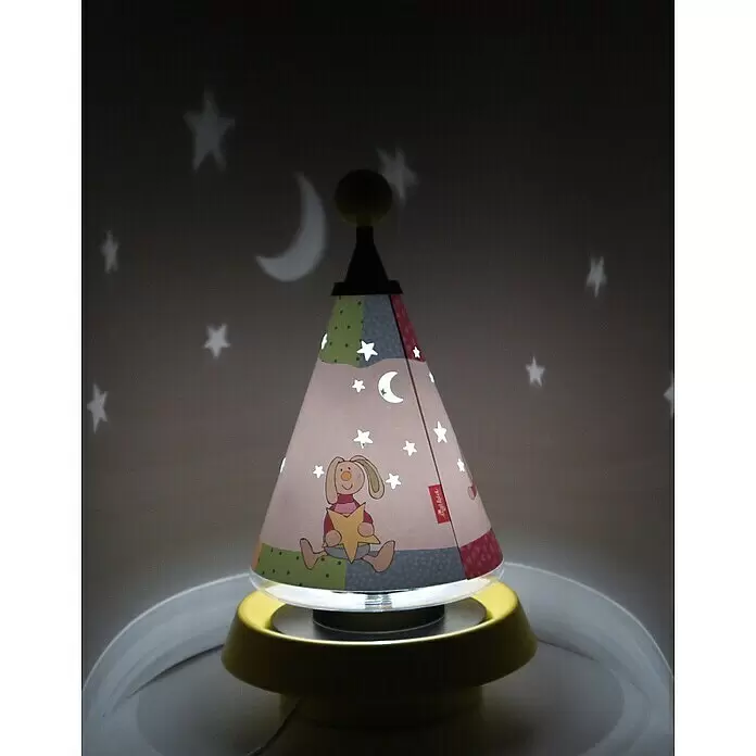 Niermann Kinderzimmerleuchte Rainbow Rabbit - L x B x H: 21 x 21 x 35 cm, Gelb, G4 - Kegelförmiges Nachtlicht mit Hasendesign und gelbem Sockel, das Sterne und Monde an eine dunkle Wand projiziert.